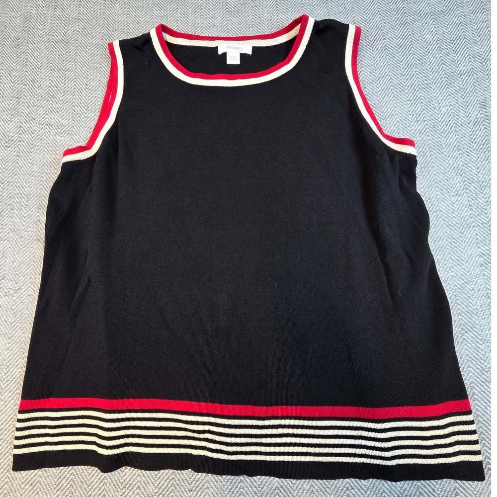 Dressbarn Woman Black Red Striped Knit Tank Top Metallic Gold Trim Plus 18/20